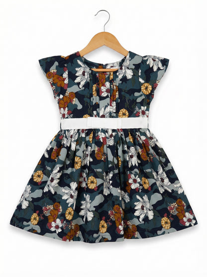 Girls Multiclour Printed Cotton Dress with Flutter Sleeves
