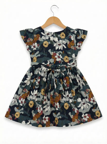Girls Multiclour Printed Cotton Dress with Flutter Sleeves