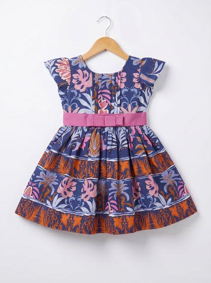 Girls Purple Tropical Printed Cotton Dress with Flutter Sleeves