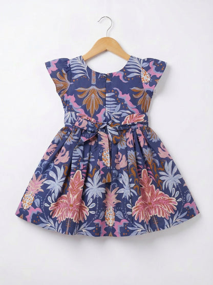 Girls Purple Tropical Printed Cotton Dress with Flutter Sleeves