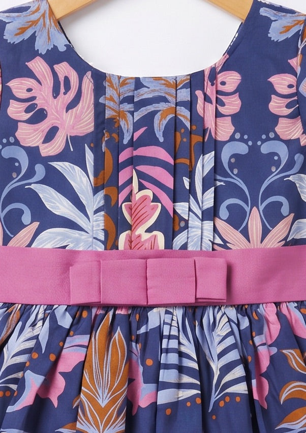 Girls Purple Tropical Printed Cotton Dress with Flutter Sleeves
