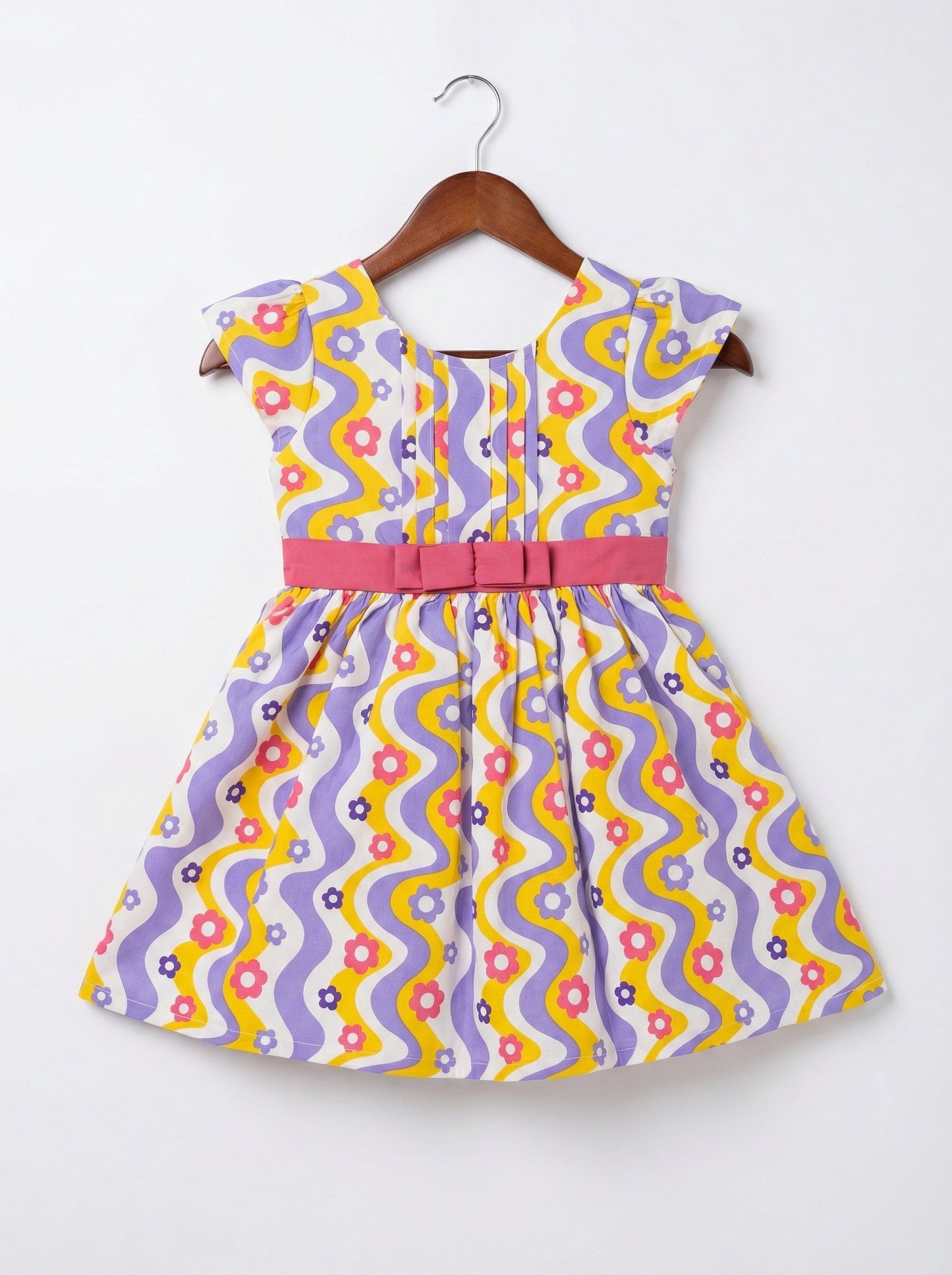 Girls Yellow & Purple Wavy Floral Printed Fit & Flare Dress