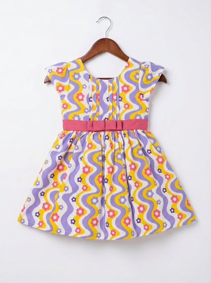 Girls Yellow & Purple Wavy Floral Printed Fit & Flare Dress