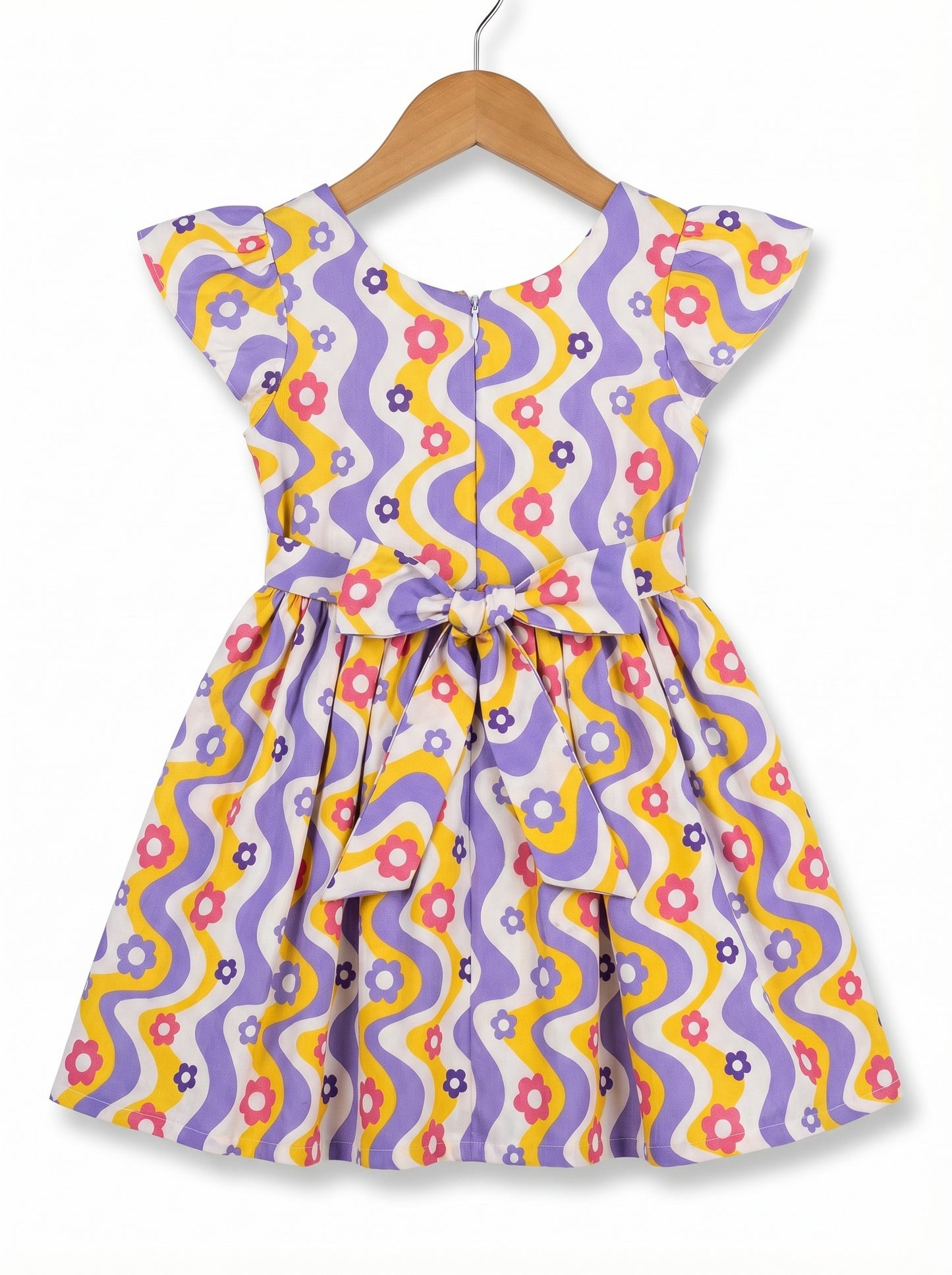 Girls Yellow & Purple Wavy Floral Printed Fit & Flare Dress