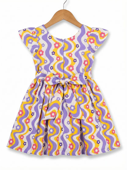 Girls Yellow & Purple Wavy Floral Printed Fit & Flare Dress