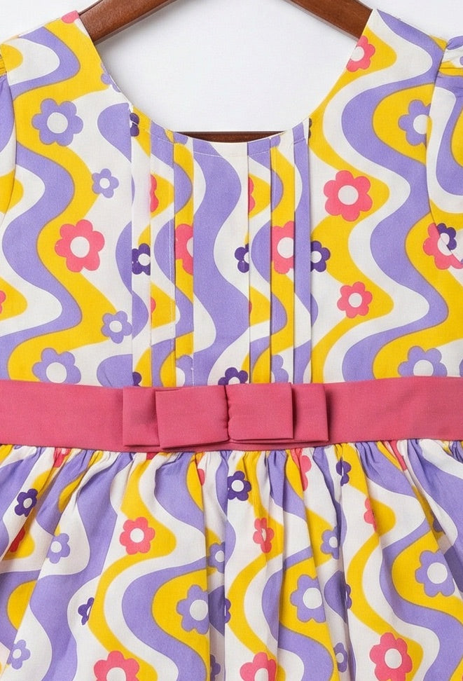 Girls Yellow & Purple Wavy Floral Printed Fit & Flare Dress