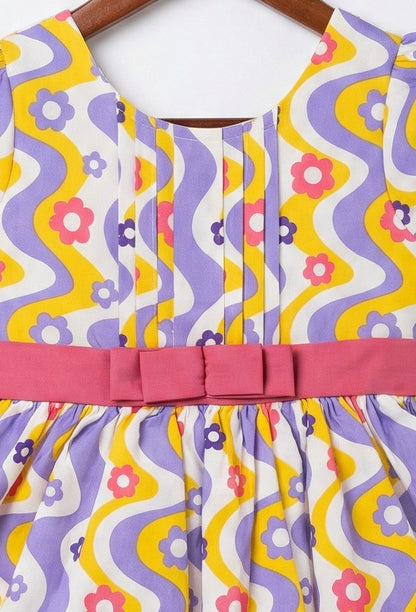 Girls Yellow & Purple Wavy Floral Printed Fit & Flare Dress