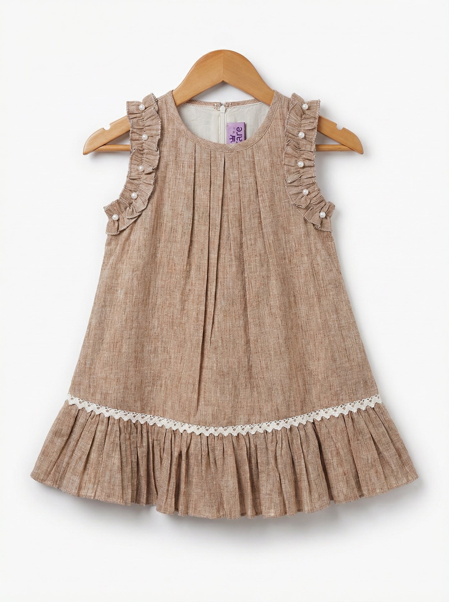 Girls Brown Sleeveless Textured Pintuck Dress with Ruffle Trim