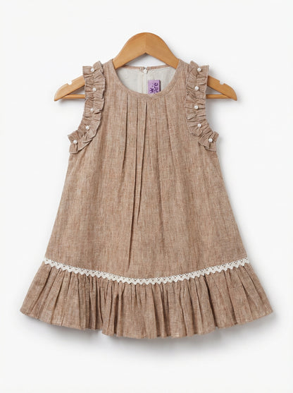 Girls Brown Sleeveless Textured Pintuck Dress with Ruffle Trim