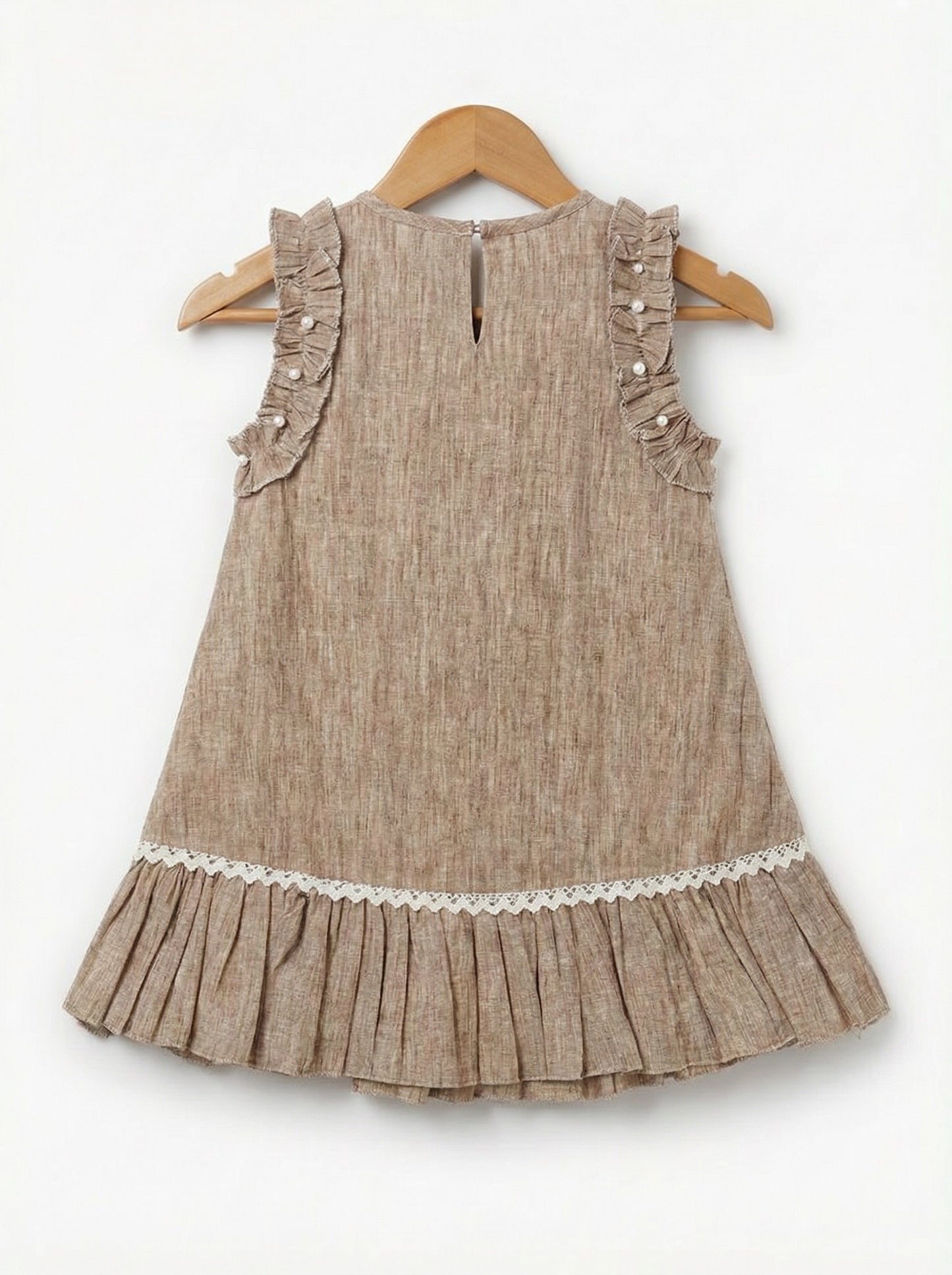 Girls Brown Sleeveless Textured Pintuck Dress with Ruffle Trim