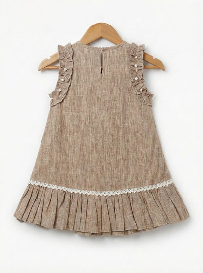 Girls Brown Sleeveless Textured Pintuck Dress with Ruffle Trim