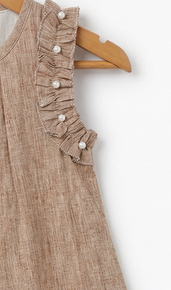 Girls Brown Sleeveless Textured Pintuck Dress with Ruffle Trim