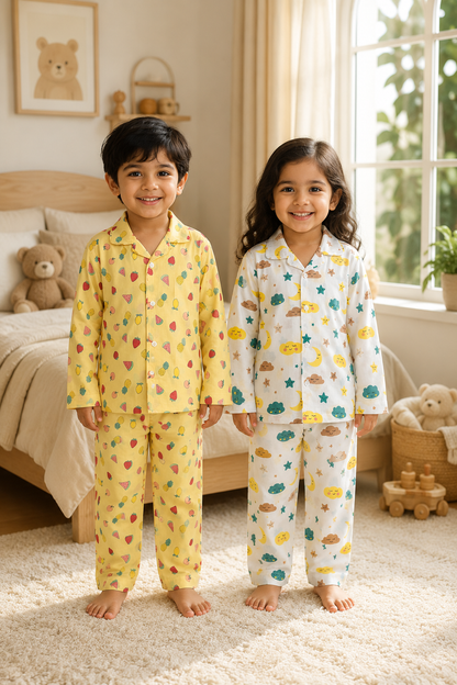 Bedtime Duo 2-Pack — Mixed Fruit Yellow and Cloud & Moon White cotton night suits