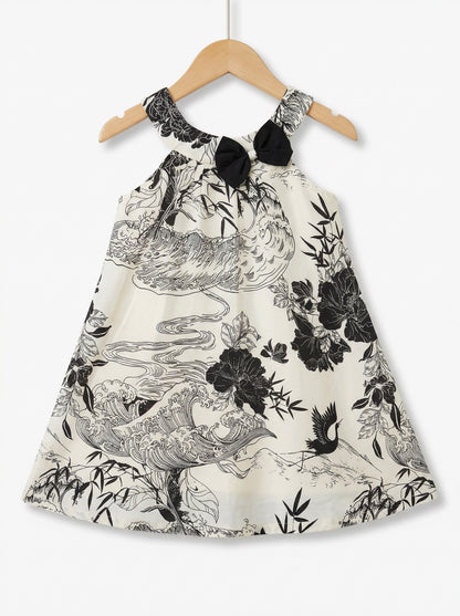 Girls Black & White Floral Print Halter Neck Cotton Dress