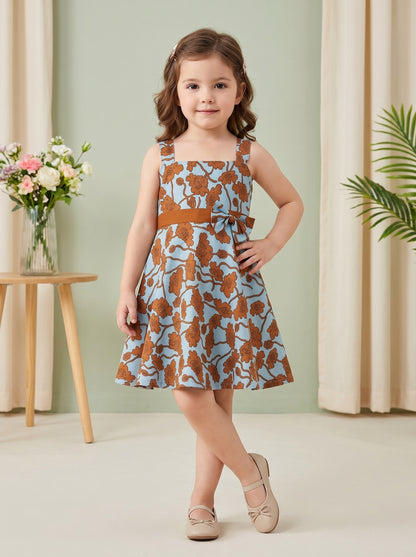 Girls Blue & Brown Floral Printed Cotton Flare Dress