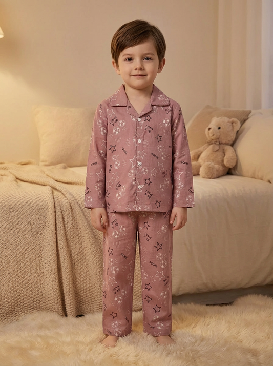Football & Star Print Night Suit - Dusty Rose