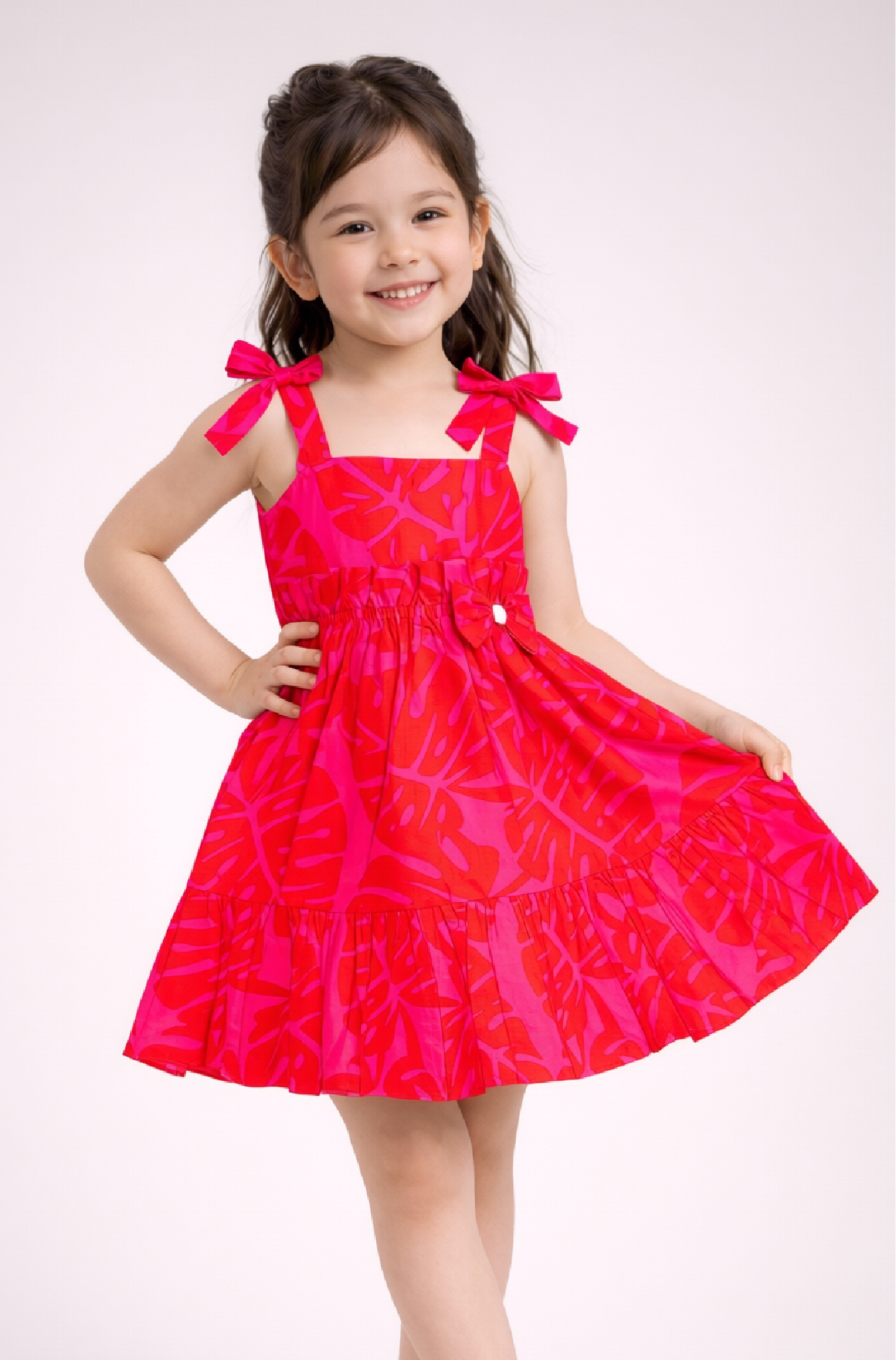 Tropical Leaf Tiered Dress - Red