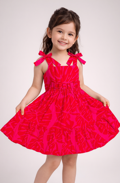 Tropical Leaf Tiered Dress - Red