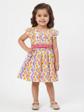 Girls Yellow & Purple Wavy Floral Printed Fit & Flare Dress