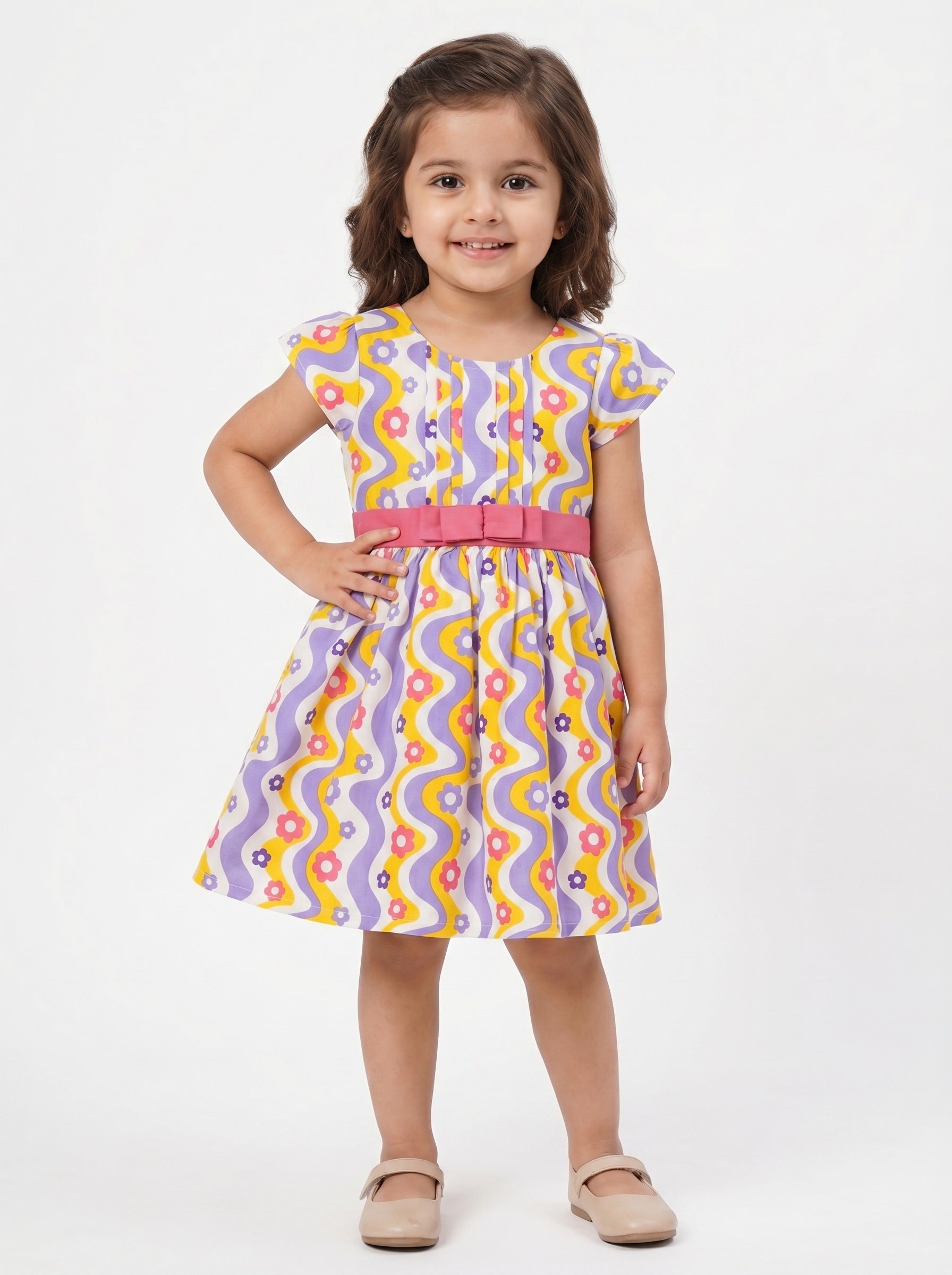 Girls Yellow & Purple Wavy Floral Printed Fit & Flare Dress