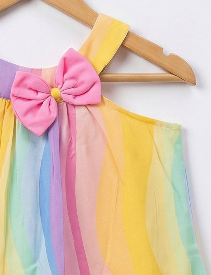 Girls Pastel Striped Wavy Print Cotton Halter Neck Dress