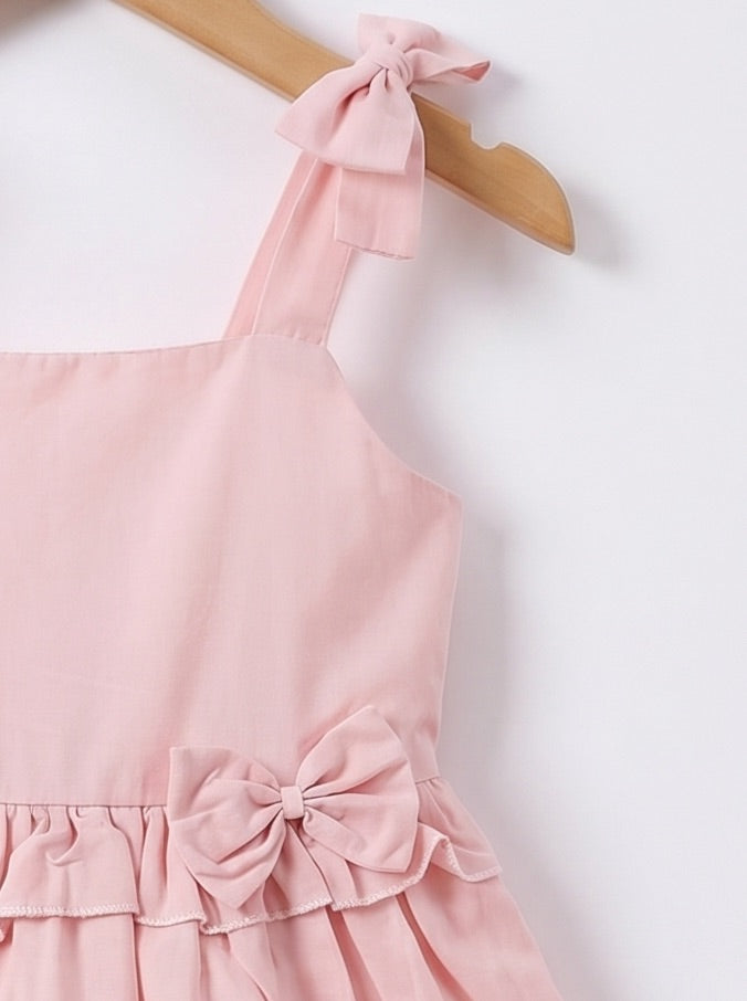 Girls Solid Pink Cotton Flare Dress with Bow