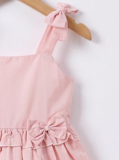 Girls Solid Pink Cotton Flare Dress with Bow
