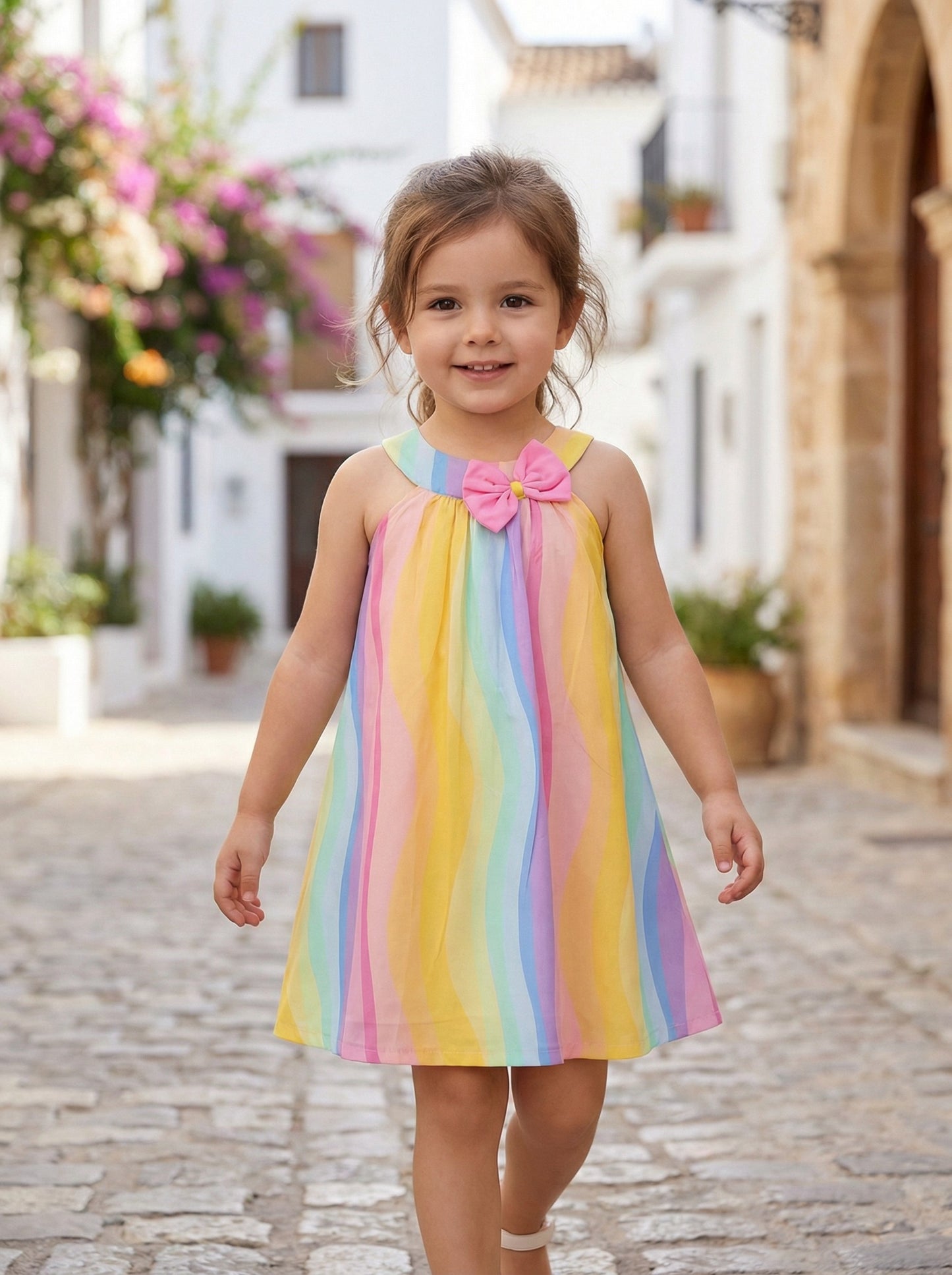 Girls Pastel Striped Wavy Print Cotton Halter Neck Dress