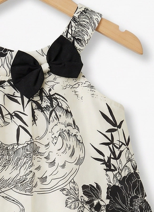 Girls Black & White Floral Print Halter Neck Cotton Dress