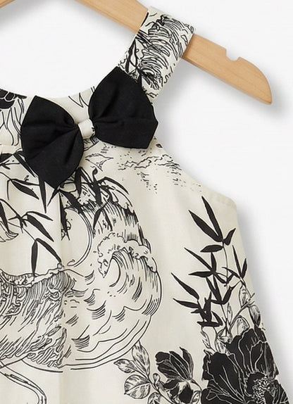 Girls Black & White Floral Print Halter Neck Cotton Dress