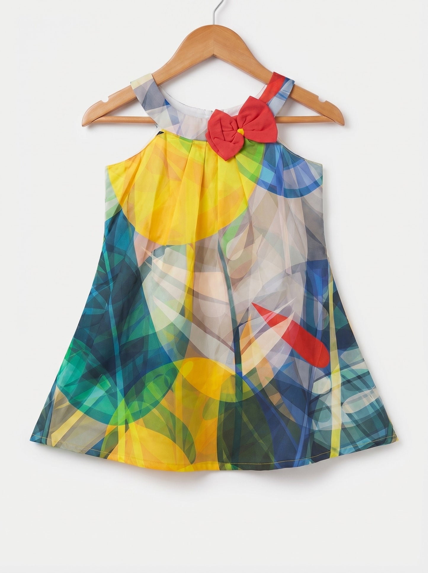 Girls Multi-Color Abstract Print Cotton Halter Neck Dress