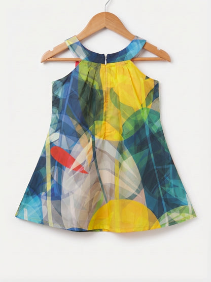Girls Multi-Color Abstract Print Cotton Halter Neck Dress