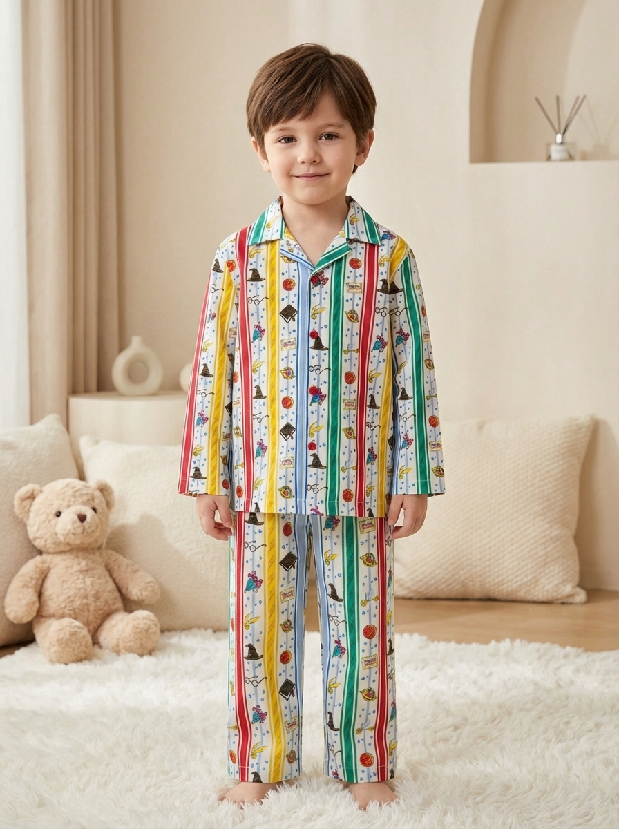 Vertical Stripes & Graphic Print Night Suit - Multi