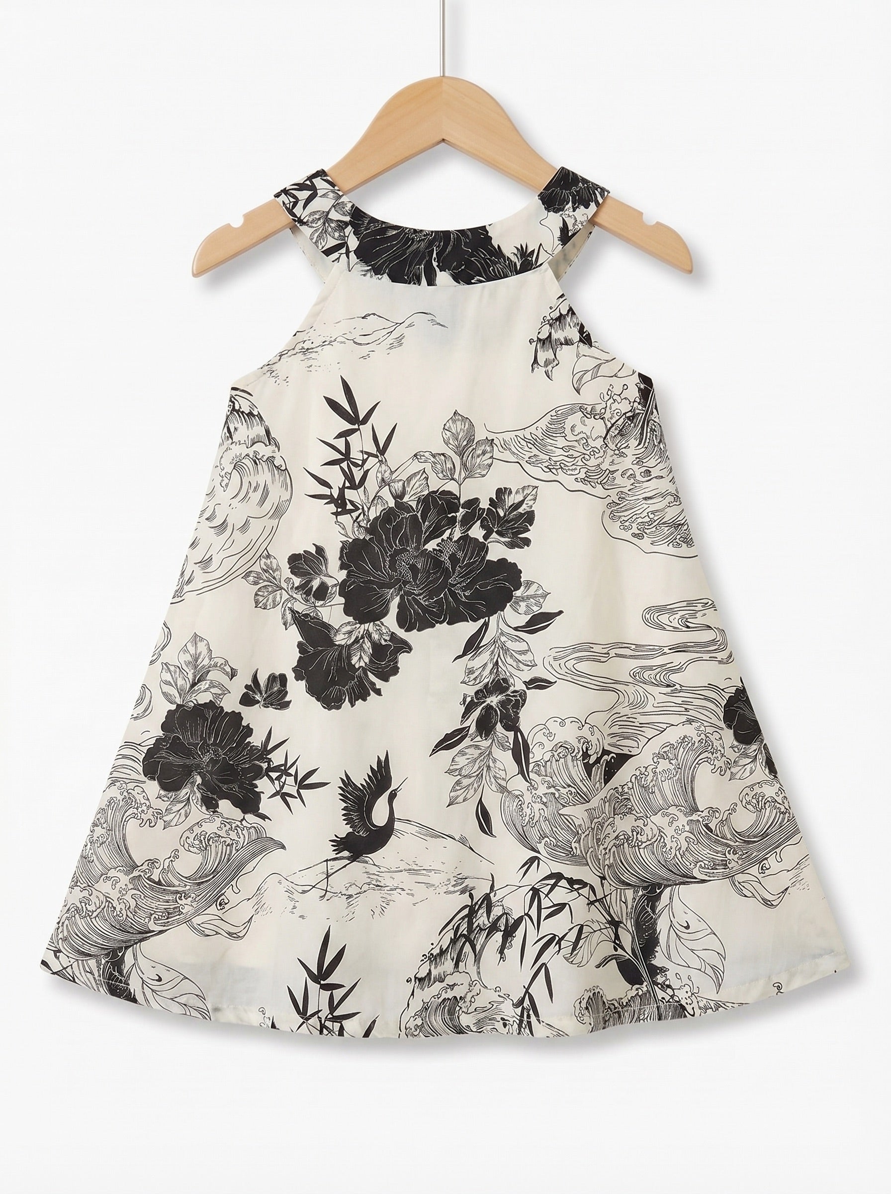 Girls Black & White Floral Print Halter Neck Cotton Dress