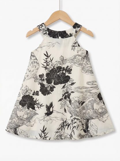 Girls Black & White Floral Print Halter Neck Cotton Dress