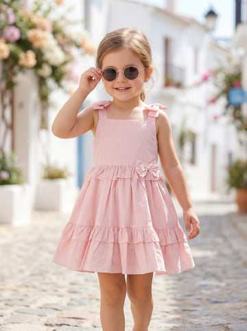 Girls Solid Pink Cotton Flare Dress with Bow