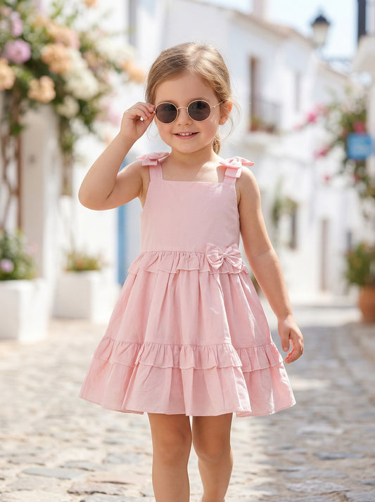 Girls Solid Pink Cotton Flare Dress with Bow