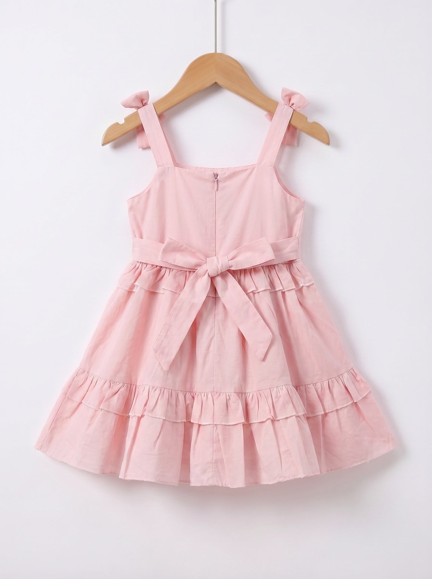 Girls Solid Pink Cotton Flare Dress with Bow