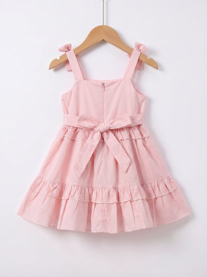 Girls Solid Pink Cotton Flare Dress with Bow