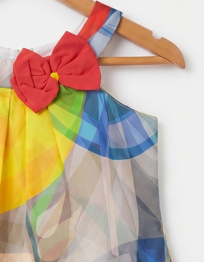 Girls Multi-Color Abstract Print Cotton Halter Neck Dress