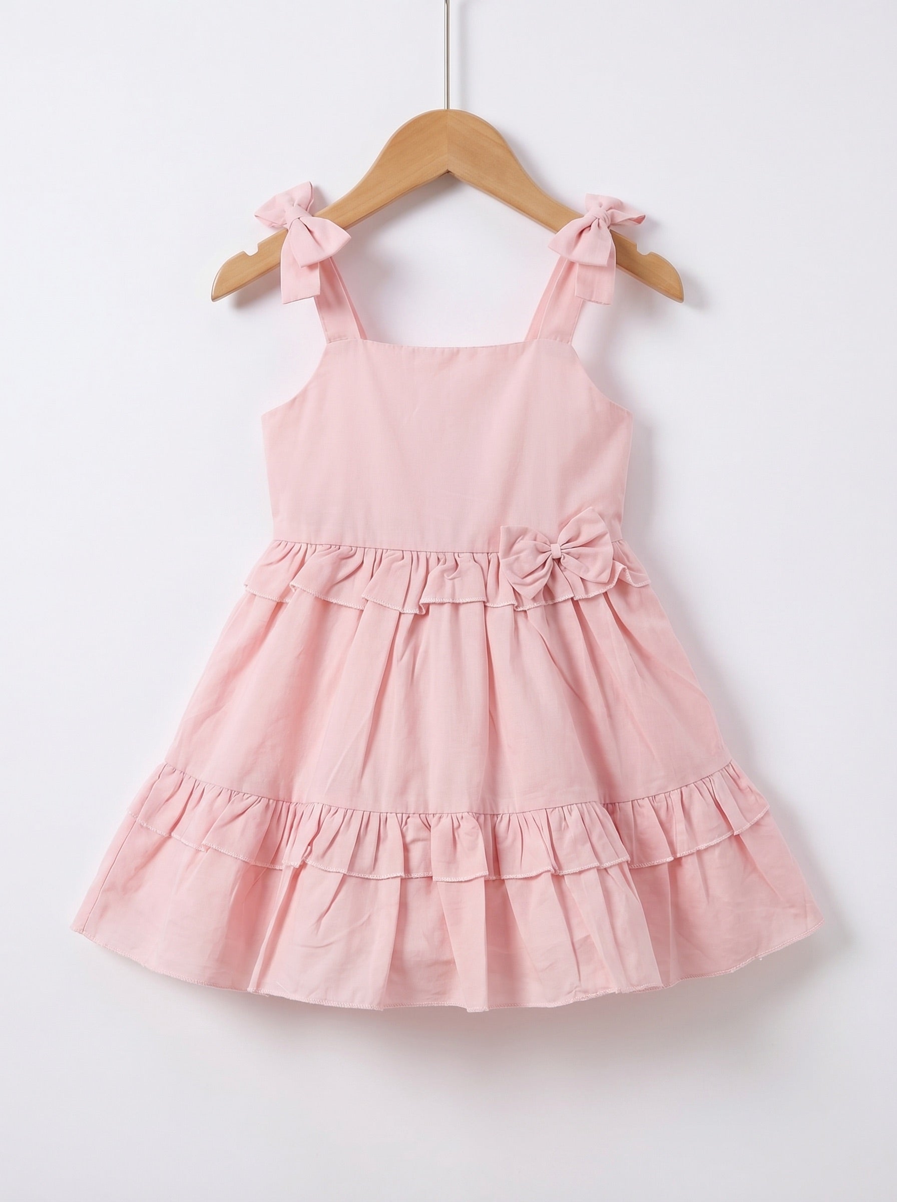 Girls Solid Pink Cotton Flare Dress with Bow