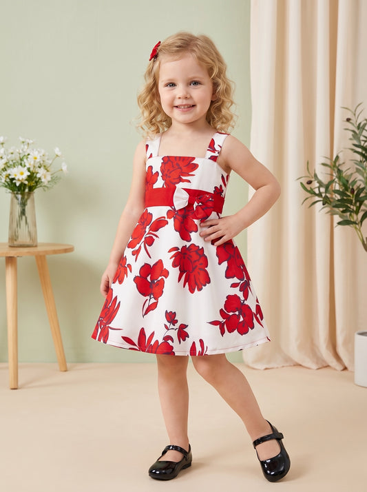 Girls White & Red Floral Printed Dress with Bow Waistband