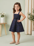Girls Navy Blue & Black Floral Printed Flare Party Dress