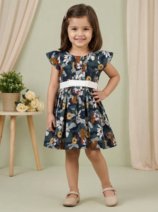 Girls Multiclour Printed Cotton Dress with Flutter Sleeves