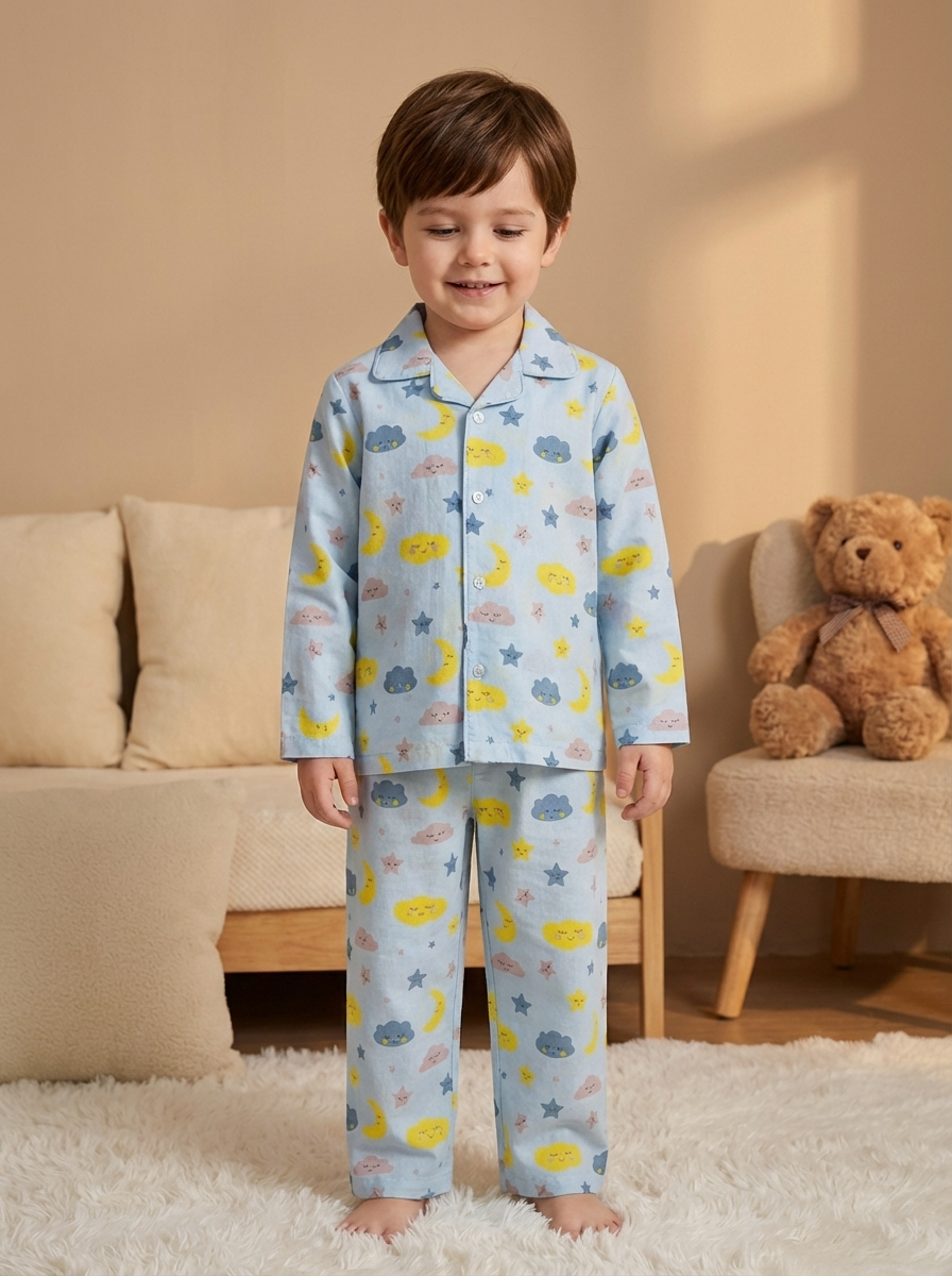 Cloud & Moon Print Night Suit - Blue