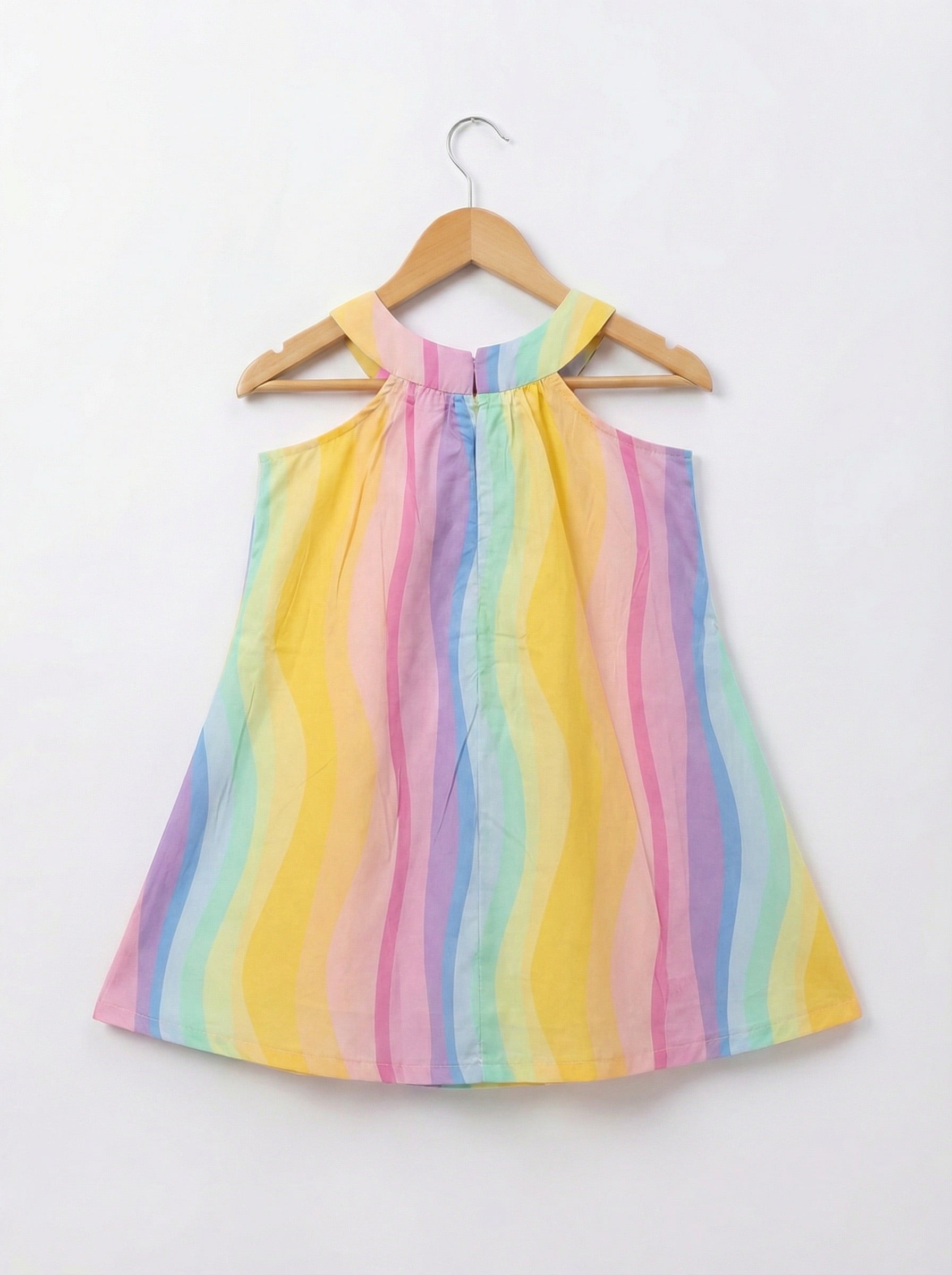 Girls Pastel Striped Wavy Print Cotton Halter Neck Dress