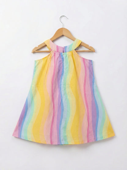 Girls Pastel Striped Wavy Print Cotton Halter Neck Dress