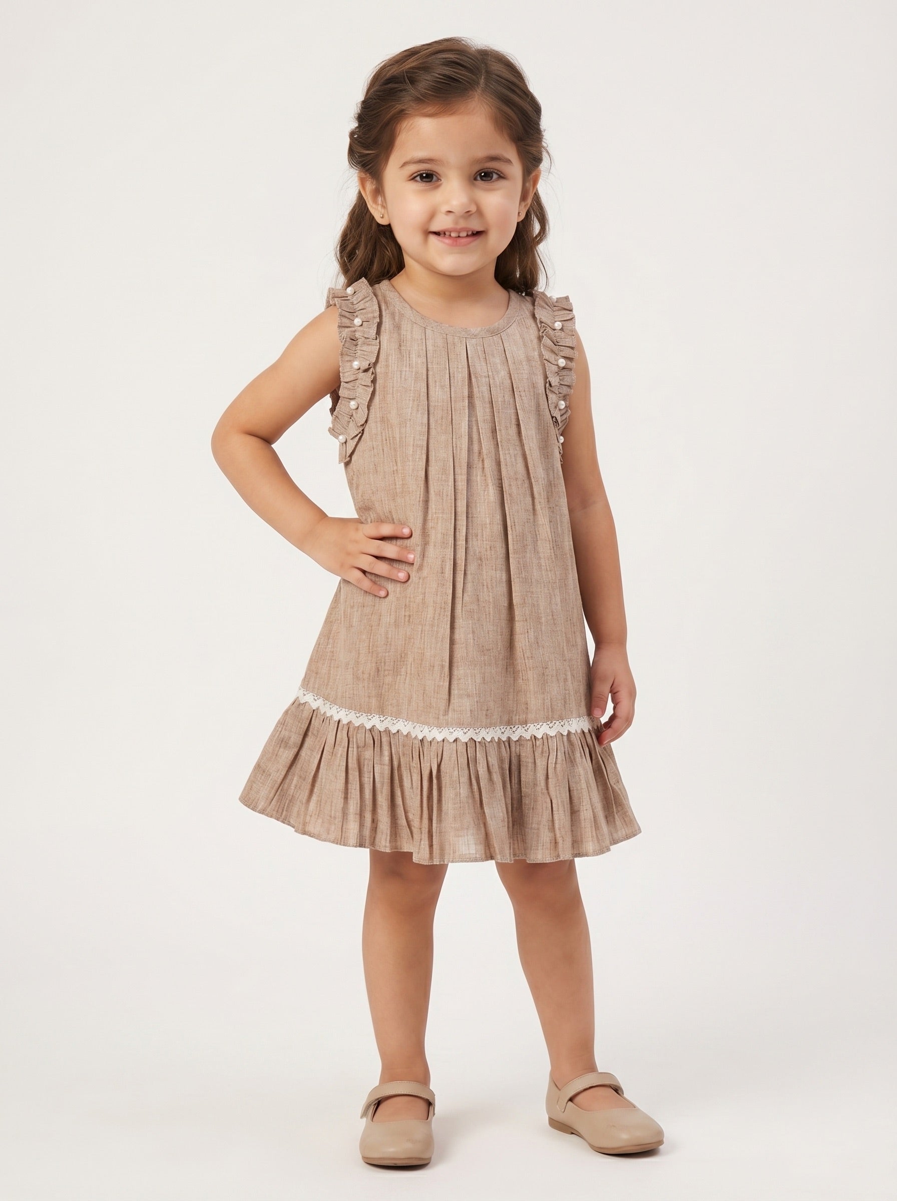 Girls Brown Sleeveless Textured Pintuck Dress with Ruffle Trim