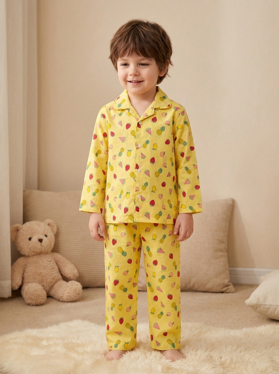 Mixed Fruit Print Night Suit - Yellow