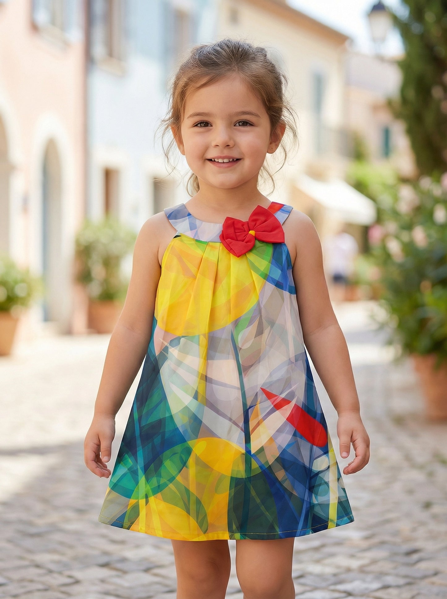 Girls Multi-Color Abstract Print Cotton Halter Neck Dress